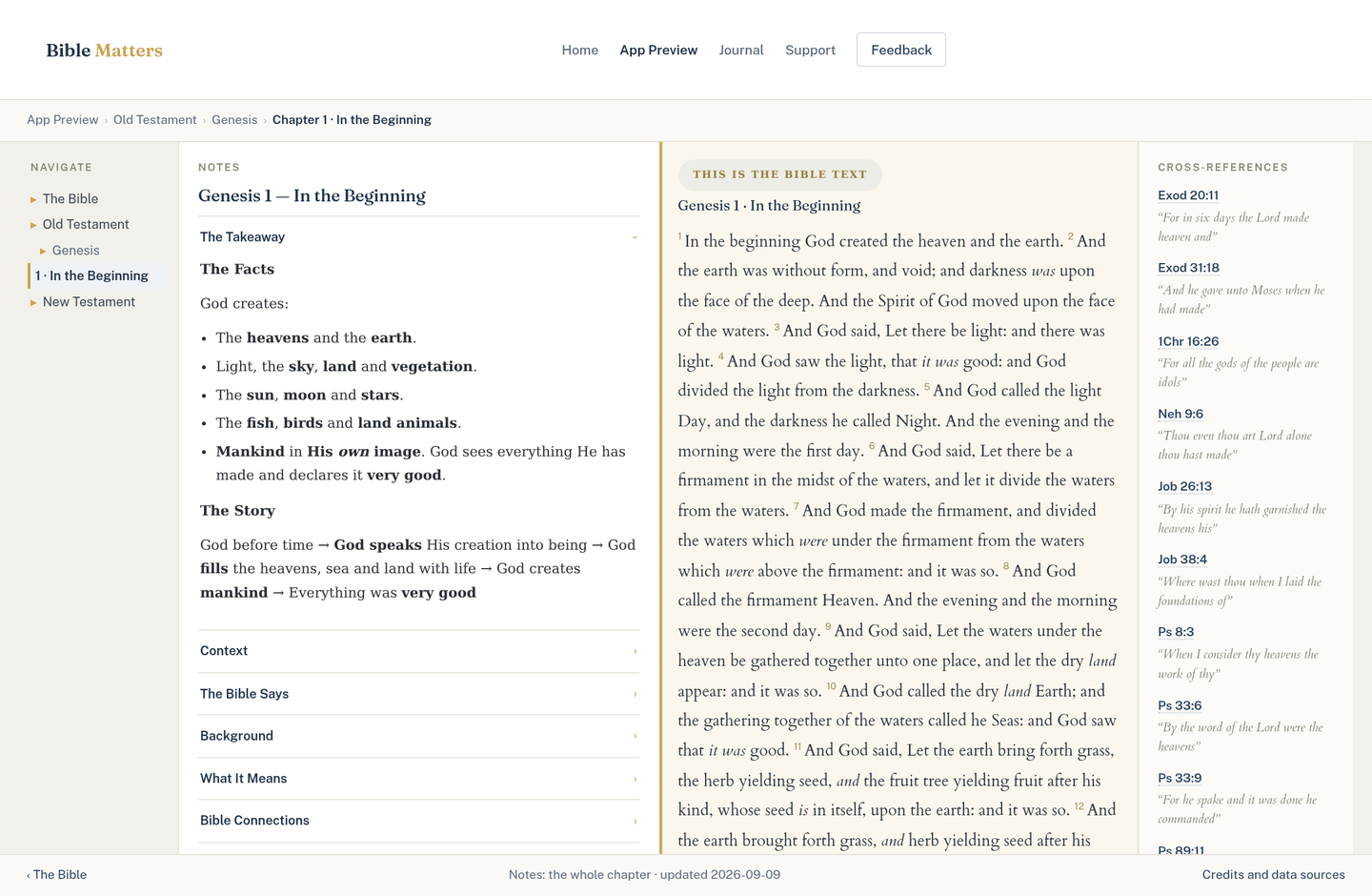 Genesis 1 in the App Preview — navigate, notes, the Bible text and the cross-references side by side