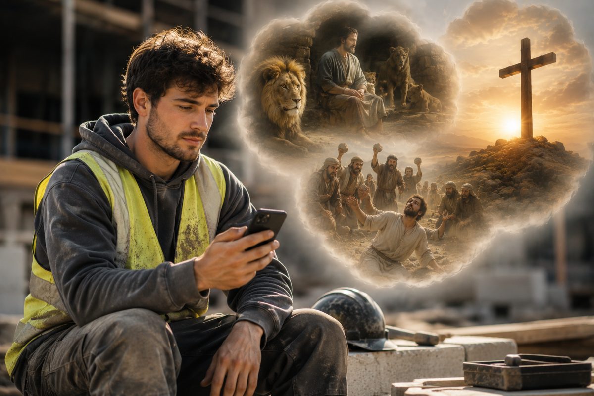 A man reading the Bible on his phone, discovering the Word of God
