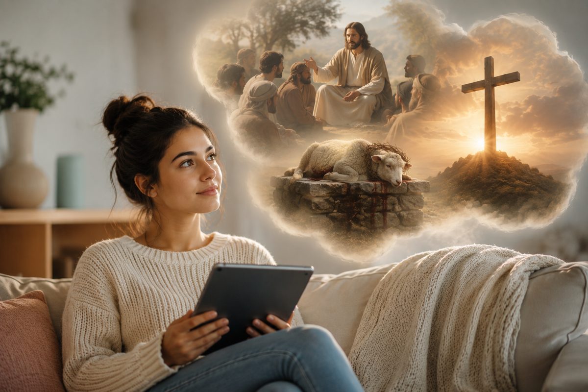 A young woman reading the Bible on a tablet, the text coming alive around her